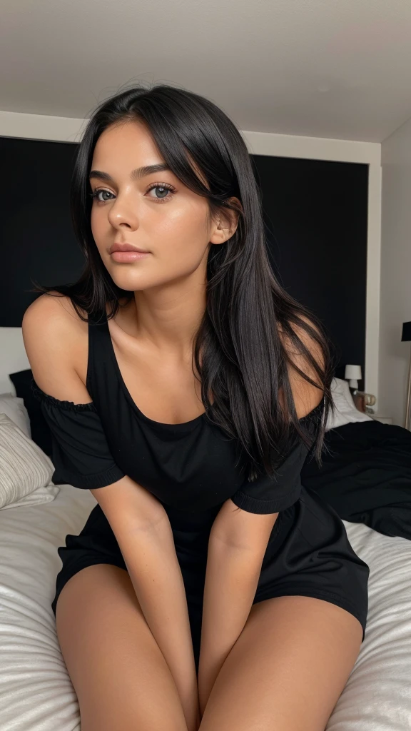A girl who has passed away or she is sitting in her bedroom in a black nighty without any jowls, her bed is shining from her face, she is 25 years old, her eyes are fully detailed A girl who is very tired or she is sitting in her bedroom in a black nighty without any jowls, her bed is shining from her face, she is 25 years old, her eyes are fully detailed
