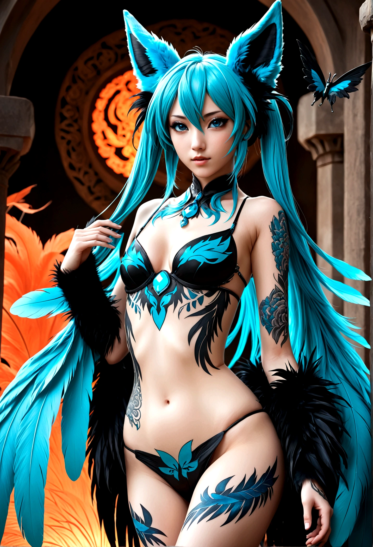 Miku Hatsune, add high definition_detail:1, blue fur,kitsune ears, tribal tattoo add_detail:1, in hell add_detail, barefoot, the same, giant black feather wings add_detail:1 ,alas hermosas la mejor calidad y detail en las plumas, blue saturation light, sensual pose add_detail 