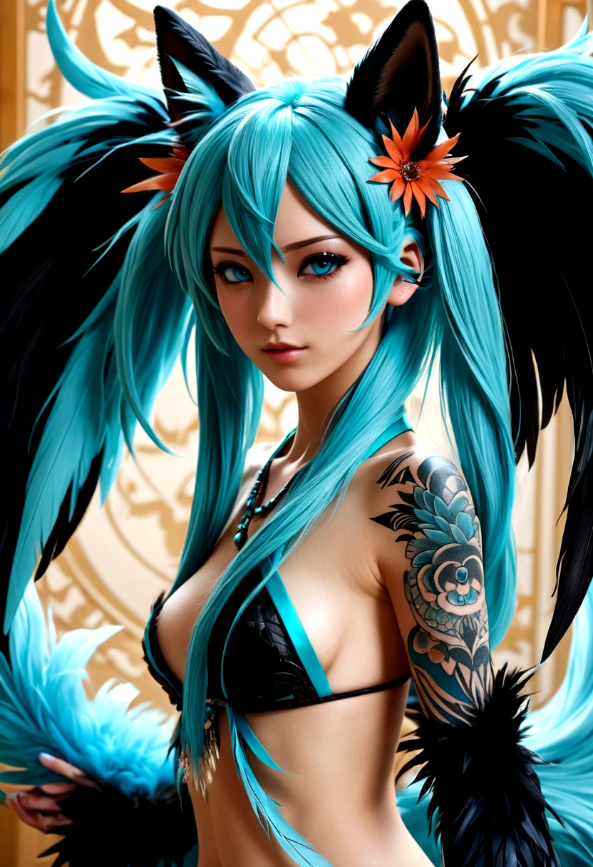 Miku Hatsune, add high definition_detail:1, blue fur,kitsune ears, tribal tattoo add_detail:1, in hell add_detail, barefoot, the same, giant black feather wings add_detail:1 ,alas hermosas la mejor calidad y detail en las plumas, blue saturation light, sensual pose add_detail