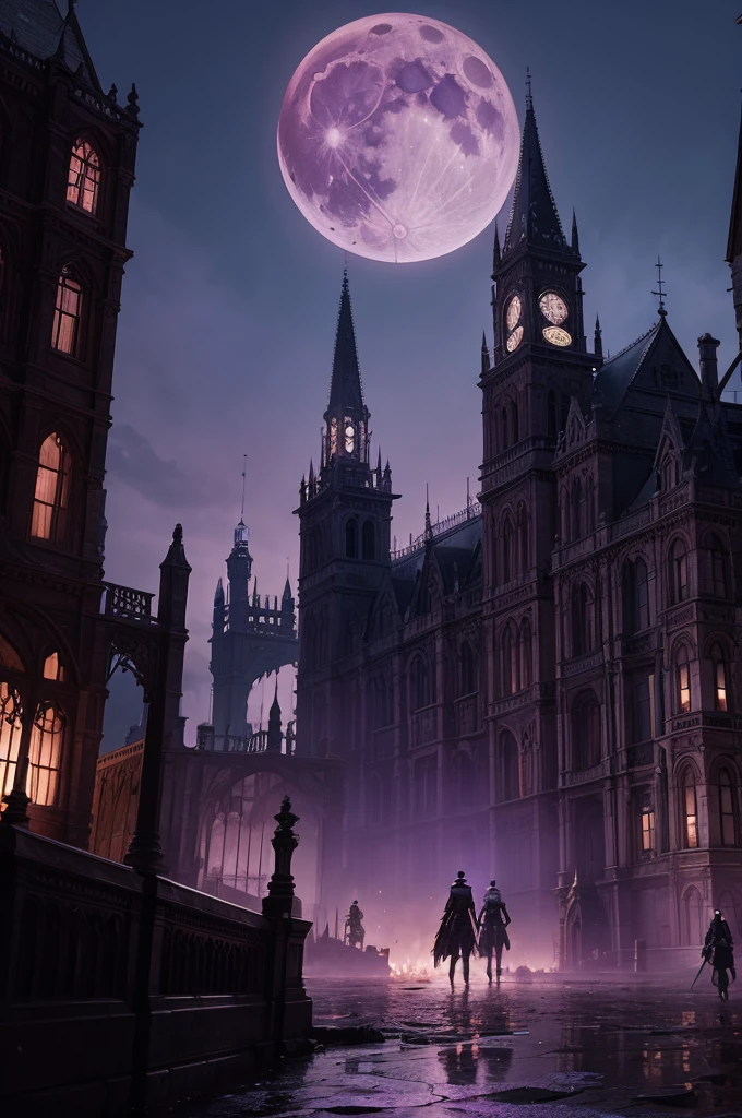 Devastated Victorian Era city with a purple moon high in the sky with 4 bloodborne hunters in the background