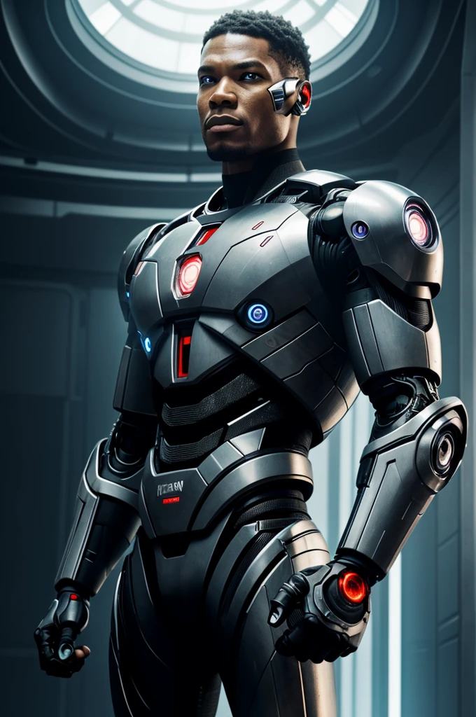 Cyborg with weapons in his hands and futuristic technology with a robotic face and half an alien