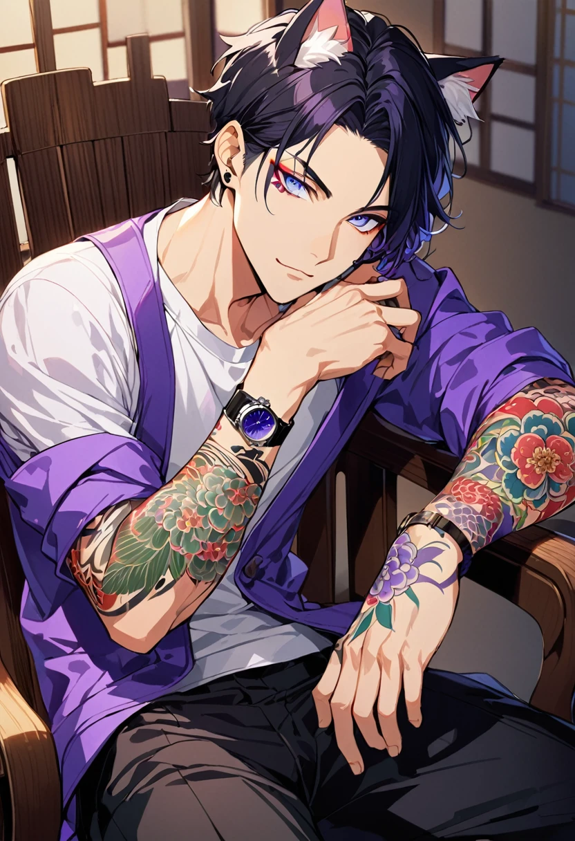 1man, short black hair, cat ears, bright blueviolet eyes, wearing a purple casual jacket, wearing a white undershirt, wearing black pants , wearing a vintage blueviolet watch, japanese style tattoos, colorfull tattoos, tattoos all over the arms, sitting in chair