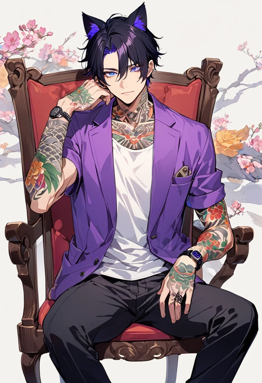 1man, short black hair, cat ears, bright blueviolet eyes, wearing a purple casual jacket, wearing a white undershirt, wearing black pants , wearing a vintage blueviolet watch, japanese style tattoos, colorfull tattoos, tattoos all over the arms, sitting in chair