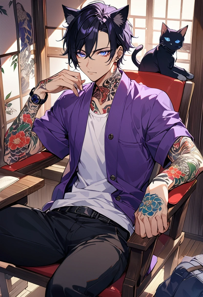 1man, short black hair, cat ears, bright blueviolet eyes, wearing a purple casual jacket, wearing a white undershirt, wearing black pants , wearing a vintage blueviolet watch, japanese style tattoos, colorfull tattoos, tattoos all over the arms, sitting in chair