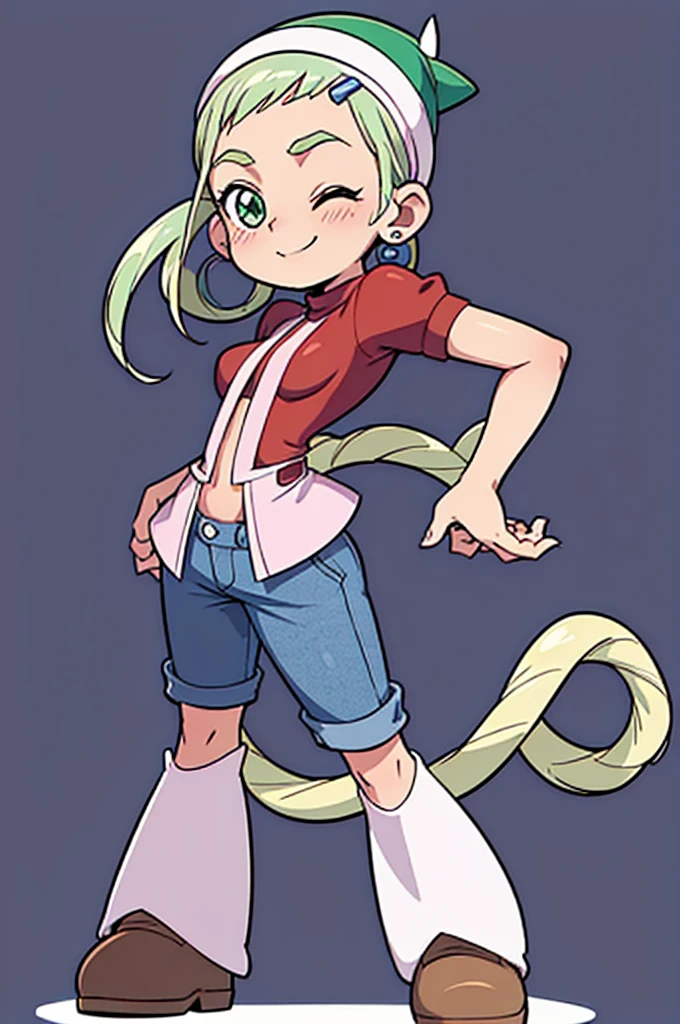 masterpiece, best quality, full body, simple background, Ojamajo Doremi style, ojaskmmkcs, standing, tall, smile, wink, one eye closed, adult, medium breasts, heavy winter brown jacket, gray shirt, blue jean pants, winter hat, green eyes, blush, energetic pose, hands behind back