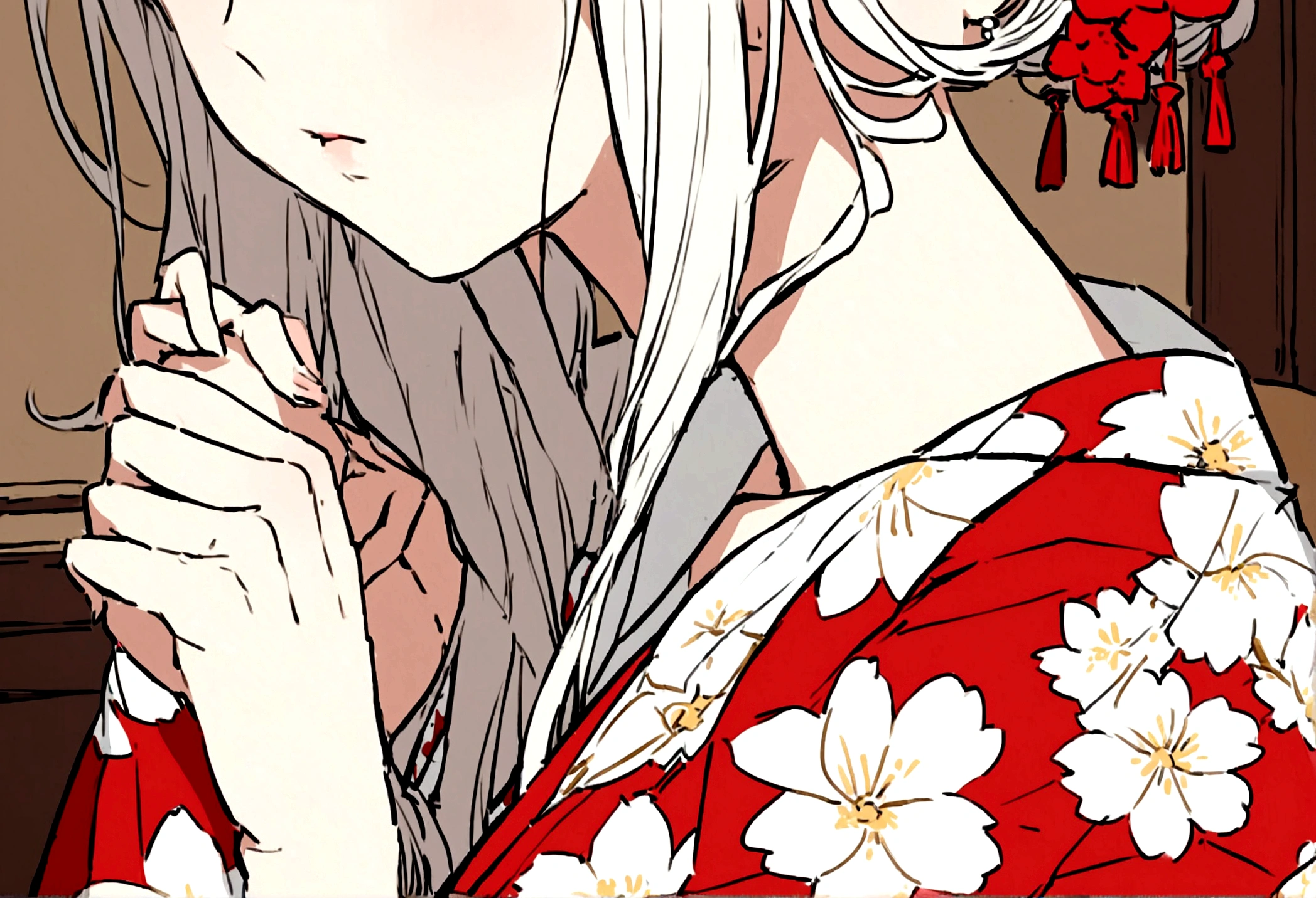 Japanese anime A long, white, white woman wearing a red floral yukata.