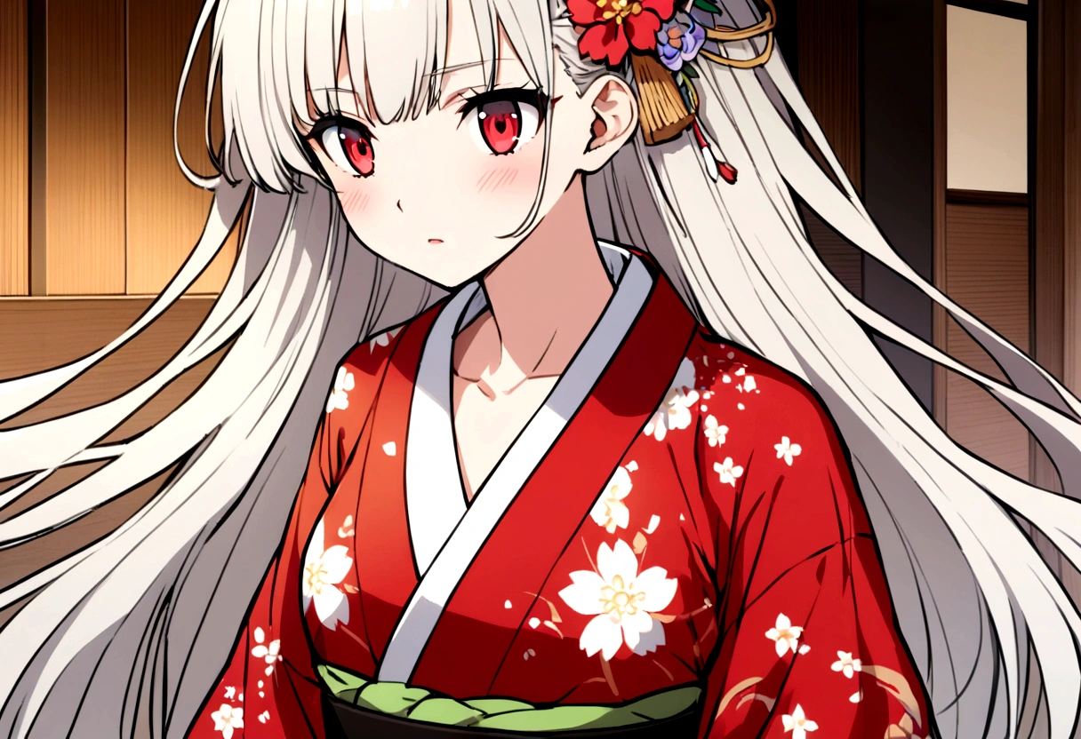 Japanese anime A long, white, white woman wearing a red floral yukata.