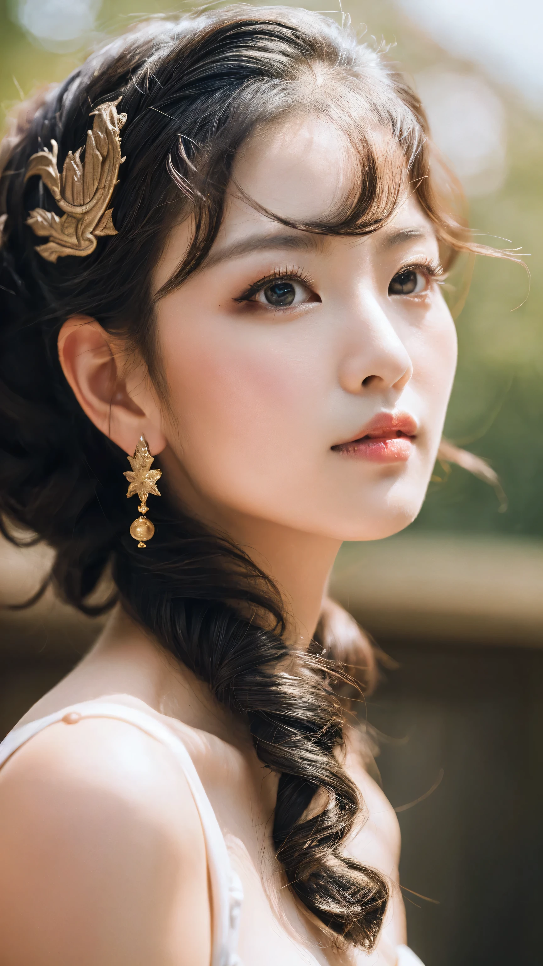 ((absurd quality,16k,highres,masterpiece:1.2), ultra details:1.3),UHD,(photorealistic Realism 16K Quality), (1woman:1.3 22-year-old), (super quality details in realistic texture: skin, hair), ((Ultra high-res Realistic eyes, clear sharp, not blurry, absurd quality details:1.25), brown_eyes), BREAK,. ((Fujicolor、daytime soft lighting)、fashion supermodel、((curly heban hair (slicked to the two side) Intricately detailed:1.35)),. BREAK, (pink_makeup:1.25),. BREAK,. ((Classic and sexy ((white)) cheongsam)、Detailed blue decoration:1.25)),. BREAK,. (Fitted clothing:1.3)、dynamic pose、((close-up of her face:1.35)), (no decorations in the hair), (dark shot:1.2),