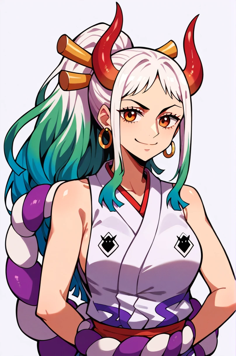 score_9,score_8_up,score_7_up,score_6_up, yamato \(one piece\), 1girl, solo, japanese clothes, multicolored hair, jewelry, earrings, sleeveless kimono, hair ornament, kimono, curled horns, long hair, oni, upper body, smile, rope, breasts, hair stick, sleeveless, shimenawa, white background, closed mouth, hoop earrings, bare shoulders, simple background, ponytail