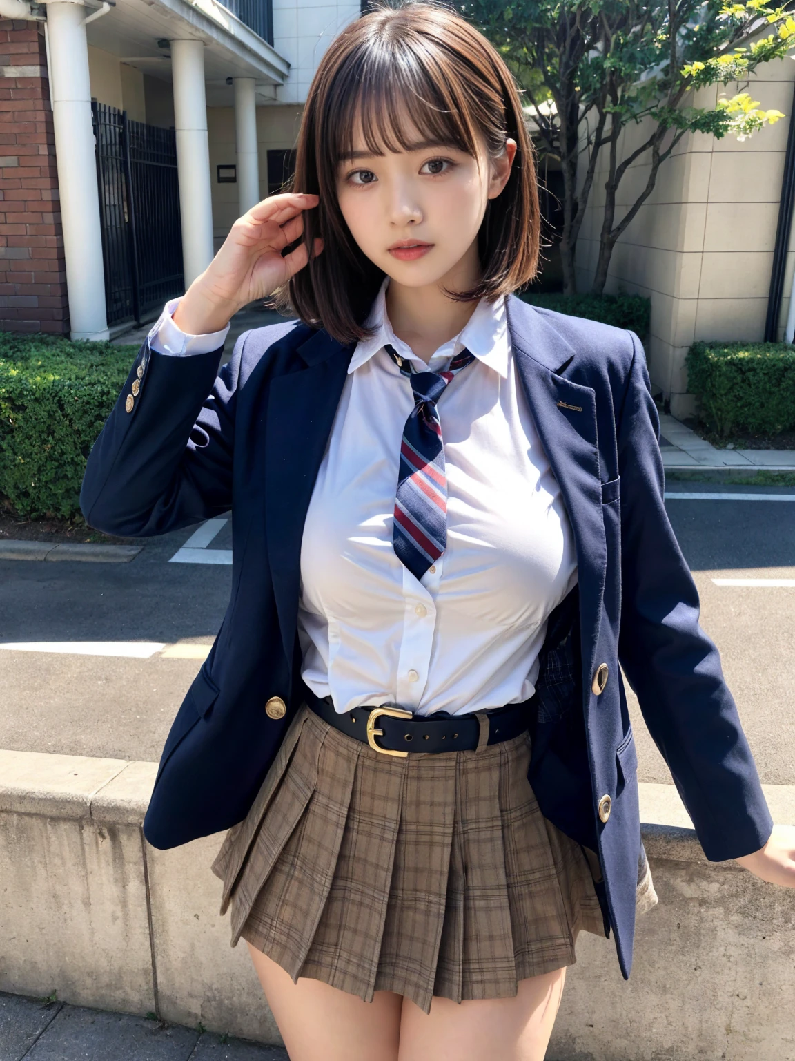 masterpiece, best quality, illustration, Super detailed, fine details, High resolution, 8K,wall paper, perfect dynamic composition,(Details High quality, realistic depiction of eyes:1.3), (2 girls, 2 schoolgirls:1.2), from side, High School Classroom、High school girl uniform、blazer 、Super Short Check Uniform Skirt、Navy blue high socks、garterbelts、Colossal tits、Disturbed uniform,  short bob hair, black hair color, huge breasts, Big Natural Color Lip, bold sexy pose, (perfect body shape), crying a little、 Harajuku style、20 year old girl、 beautiful legs, hposing Gravure Idol, Voluptuous thighs