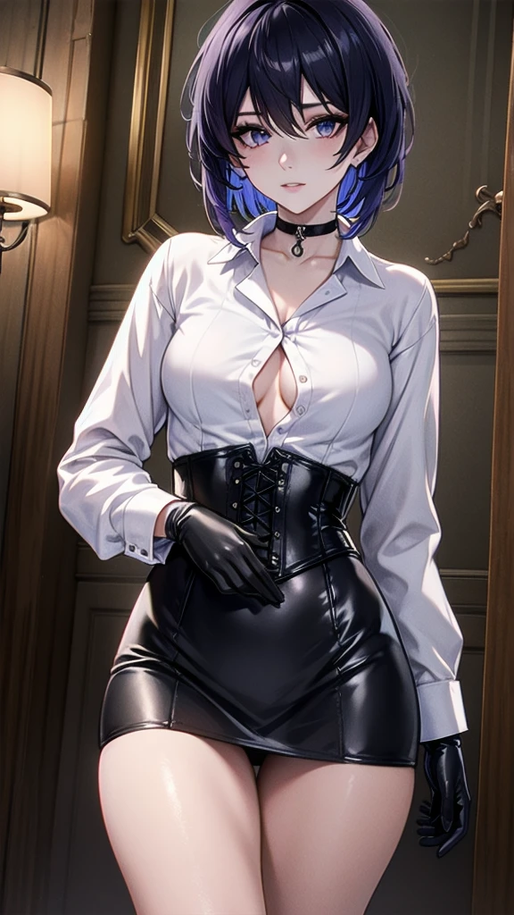 Masterpiece, Beautiful art, professional artist, 8k, Very detailed face, Detailed clothing, detailed fabric, 1 girl, Soul Fullness \(Honkai Impact 3rd\), front view, standing, perfectly drawn body, shy expression, pale skin, beautiful face, short dark blue hair, 4k eyes, very detailed eyes, choker:1.6, (white long sleeve button down shirt with white collar), black gloves, gloves that cover hands, (black leather corset), (shiny black tight mini skirt), Sensual Lips, show details in the eyes, looking at the viewer, elegant room, at night