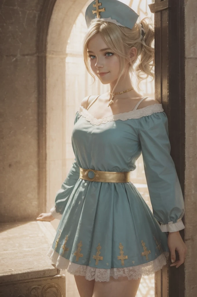 A young girl in realistic portrait of high quality and detail, movie style, Barbara (Genshin Impact), a young girl of petite build with ash-blond hair gathered in two ponytails and blue eyes. She is dressed in a white off-the-shoulder dress decorated with gold embroidery and a dark blue petticoat with the same color lapels on the sleeves. The bodice of the dress is decorated with a sea-green bow. The outfit is complemented by white tights, white shoes with black lacing, blue ruffles and a black block heel and a separate collar. On her head she wears a white and blue cap with a gold cross, similar to a nurse's headdress. Barbara also carries a spell book with a blue cover, decorated with gold and a cross keychain. She attaches it to a black leather sling with a gold buckle. light and peaceful atmosphere, glow, eye shadow, 1girl, fantasy, Depth & Perspective, smiling on her face, Mystical powers, fine face, She stands in the middle of the church hall, indoors, sunlight from stained glass windows, looking at viewer, (ultra-high detail:1.2), Masterpiece, Best Quality, Ultra-detailed, Cinematic lighting, 8K, delicate features, cinematic, 35 mm lens, f/1.9, highlight lighting, global lighting –uplight –v 4, cinematic, Cinematic lighting, 8K, high quality, Highest Quality, (Solo Focus), (extremly intricate:1.3), (Realistic), masterful, Analog style, (Film grain:1.5), (warm hue, cold tone), 