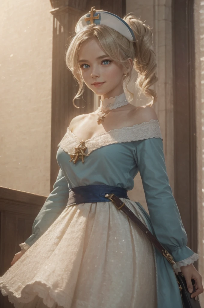 A young girl in realistic portrait of high quality and detail, movie style, Barbara (Genshin Impact), a young girl of petite build with ash-blond hair gathered in two ponytails and blue eyes. She is dressed in a white off-the-shoulder dress decorated with gold embroidery and a dark blue petticoat with the same color lapels on the sleeves. The bodice of the dress is decorated with a sea-green bow. The outfit is complemented by white tights, white shoes with black lacing, blue ruffles and a black block heel and a separate collar. On her head she wears a white and blue cap with a gold cross, similar to a nurse's headdress. Barbara also carries a spell book with a blue cover, decorated with gold and a cross keychain. She attaches it to a black leather sling with a gold buckle. light and peaceful atmosphere, glow, eye shadow, 1girl, fantasy, Depth & Perspective, smiling on her face, Mystical powers, fine face, She stands in the middle of the church hall, indoors, sunlight from stained glass windows, looking at viewer, (ultra-high detail:1.2), Masterpiece, Best Quality, Ultra-detailed, Cinematic lighting, 8K, delicate features, cinematic, 35 mm lens, f/1.9, highlight lighting, global lighting –uplight –v 4, cinematic, Cinematic lighting, 8K, high quality, Highest Quality, (Solo Focus), (extremly intricate:1.3), (Realistic), masterful, Analog style, (Film grain:1.5), (warm hue, cold tone), 