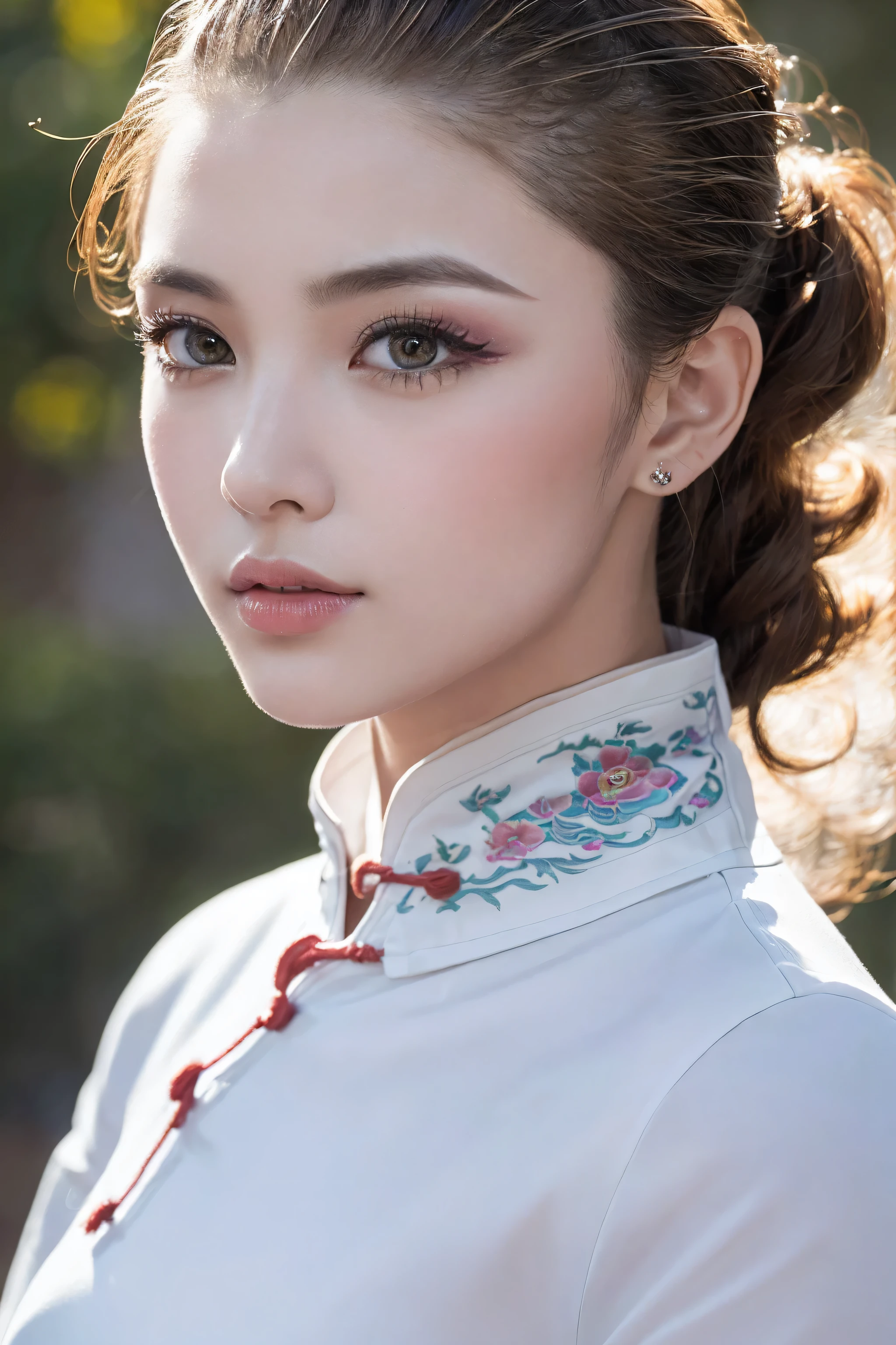(absurd quality,16k,highres,masterpiece:1.2), ultra details,UHD,(photorealistic Realism 16K Quality), (1woman:1.3 22-year-old), (super quality details, realistic texture: skin, hair), ((Ultra highres Realistic eyes, clear sharp, not blurry, absurd quality details:1.25), brown_eyes), BREAK, ((Fujicolor、daytime soft lighting)、fashion supermodel、((curly heban hair (slicked to the two side) Intricately detailed:1.35)), BREAK, (pink_makeup:1.25), BREAK, ((Classic and sexy ((white)) cheongsam)、Detailed blue decoration:1.3)), BREAK, (Fitted clothing:1.3)、dynamic pose、((close-up of her face:1.35)), (no decorations in the hair), (dark shot:1.2),