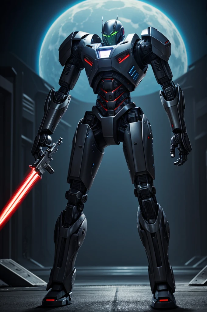 Half robot half alien cyborg with weapons in his hands