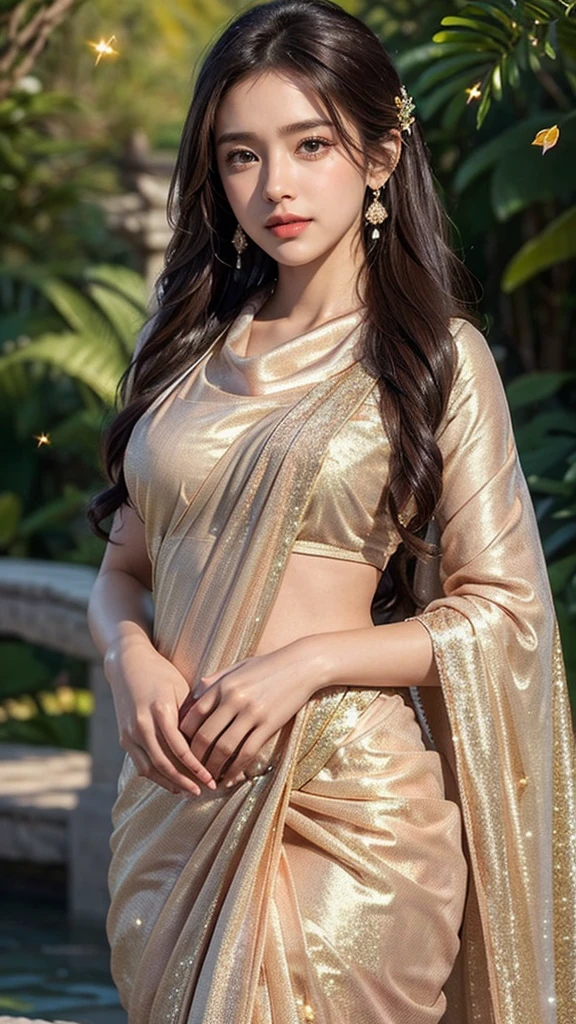 (Masterpiece:1.4), CG Unity 8k walpaper, ((Realistic: 1.2)), Ray Tracing, k,a girl 20 years, ((Luxury wearing an elegant saree: 1.2)), curly long hair,deep black eyes,shiny red lips,brown skin,lotus flower in her hair, palms decorated with henna,in a blooming garden,bright colorful flowers,green grass,blue sky,sunshine falling on her,peaceful and serene expression,subtle smile on her face,fingers delicately touching flower petals,body language full of grace and elegance, scenic beauty,painting as medium,detailed and vivid,high-resolution image,photorealistic rendering,vibrant colors,soft lighting, ((luxury Lovely Glitter Peach colour Cowl Homecoming Dress: 1.2)), [(4 different Poses),(pose 1: Grab hair with both hands, tighten tummy to lift hips,stand side ways),(pose 2: strech your arm,hand on hip, tighten tummy and lift hip),(pose 3: tilt head to smile,put arm behind back,place arm side by leg),(pose 4: title your head to smile,put your hands naturally by your side,stand side ways)], (Detailed poses), (Detailed Dress), (detailed background) , Beautiful human real fingers, beautiful human real hands, Real human natural skin, 
