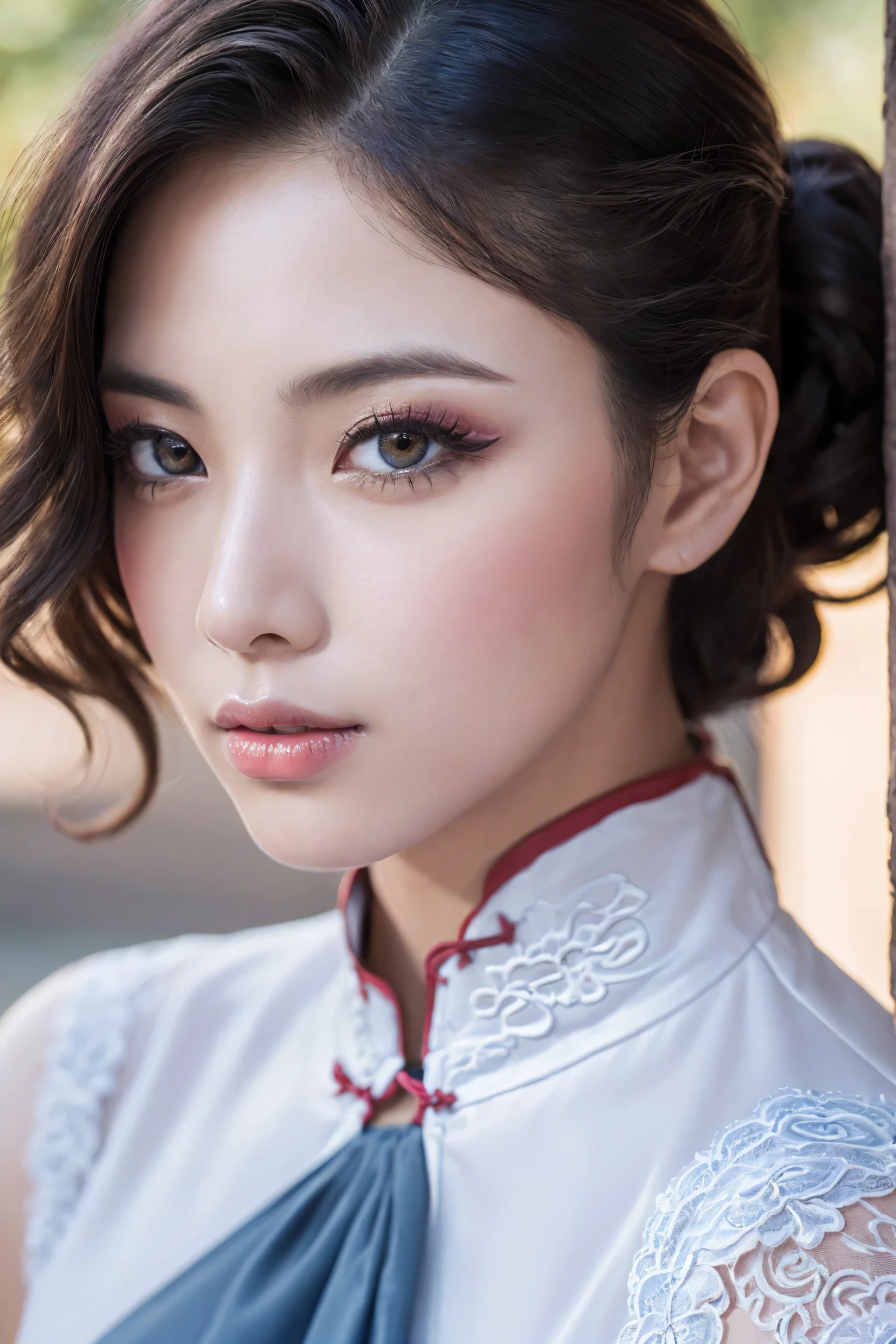(absurd quality,16k,highres,masterpiece:1.2), ultra details,UHD,(photorealistic Realism 16K Quality), (1woman:1.3 22-year-old), (super quality details, realistic texture: skin, hair), ((ultra details Realistic eyes, clear sharp, not blurry, absurd quality details:1.25), brown_eyes:1.2), BREAK, ((Fujicolor、daytime soft lighting)、fashion supermodel、((curly heban hair (slicked to the two side) Intricately detailed:1.35)), BREAK, (pink_makeup:1.25), BREAK, ((Classic and sexy ((white)) cheongsam)、Detailed blue decoration:1.3)), BREAK, (Fitted clothing:1.3)、dynamic pose、((close-up of her face:1.35)), (no decorations in the hair), (dark shot:1.2),