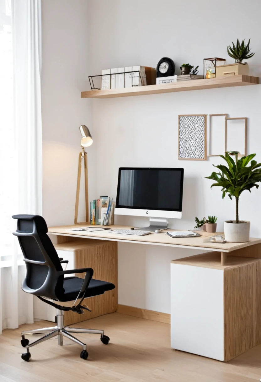 Crie uma imagem de um home office compacto (1,56m x 1,30m) with custom furniture in tones of white and light wood. The table in "L" is positioned close to the window, taking advantage of natural light. On the opposite wall, there is a vertical bookcase with niches and shelves for books and decorative objects. A black ergonomic chair complements the environment. The LG monitor is on the table, next to a notebook. A desk lamp and cable organizer are present on the desk. There is also a small plant in a pot on the table. The lighting is soft and cozy.