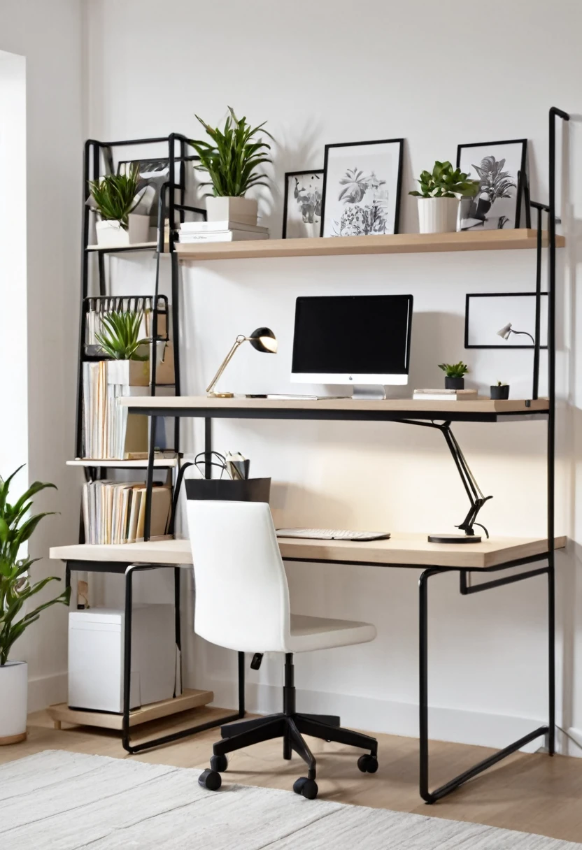 Crie uma imagem de um home office compacto (1,56m x 1,30m) with custom furniture in tones of white and light wood. The table in "L" is positioned close to the window, taking advantage of natural light. On the opposite wall, there is a vertical bookcase with niches and shelves for books and decorative objects. A black ergonomic chair complements the environment. The LG monitor is on the table, next to a notebook. A desk lamp and cable organizer are present on the desk. There is also a small plant in a pot on the table. The lighting is soft and cozy.