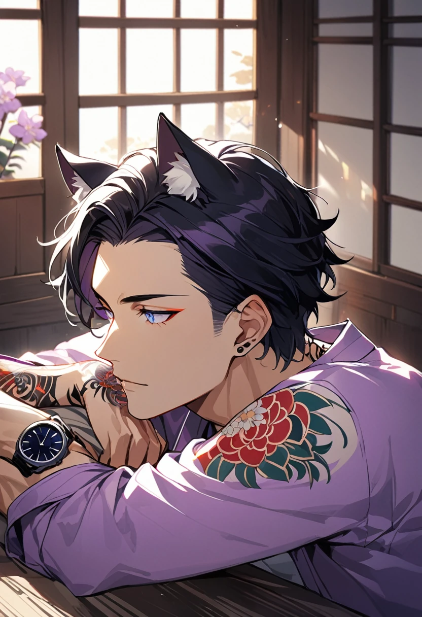 1man, short black hair, cat ears, bright blueviolet eyes, wearing a purple casual jacket, wearing a white undershirt, wearing black pants , wearing a vintage blueviolet watch, japanese style tattoos, colorfull tattoos, tattoos all over the arms, resting head with hand