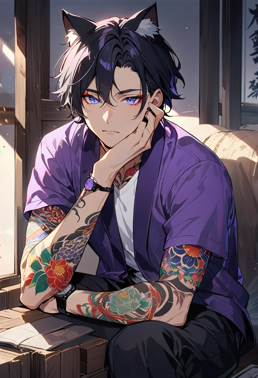 1man, short black hair, cat ears, bright blueviolet eyes, wearing a purple casual jacket, wearing a white undershirt, wearing black pants , wearing a vintage blueviolet watch, japanese style tattoos,  colorfull tattoos, tattoos all over the arms, resting head with hand