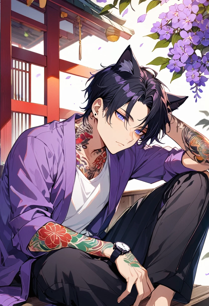 1man, short black hair, cat ears, bright blueviolet eyes, wearing a purple casual jacket, wearing a white undershirt, wearing black pants , wearing a vintage blueviolet watch, japanese style tattoos,  colorfull tattoos, tattoos all over the arms, resting head with hand