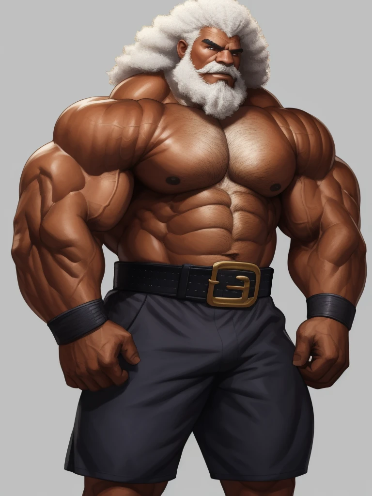solo, 1boy, Huge Muscular man wearing boxing belt, black skin , pectoral, thick arms, huge pectoral, wide pectoral, afro white hair, short pants and shirtless, bearded, simple background, masterpiece, semirealistic:1.2, high detailed, 8k, high resolution