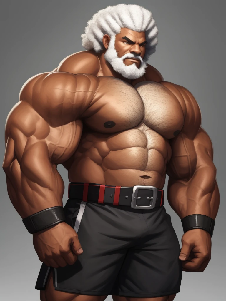 solo, 1boy, Huge Muscular man wearing boxing belt, black skin , pectoral, thick arms, huge pectoral, wide pectoral, afro white hair, short pants and shirtless, bearded, simple background, masterpiece, semirealistic:1.2, high detailed, 8k, high resolution