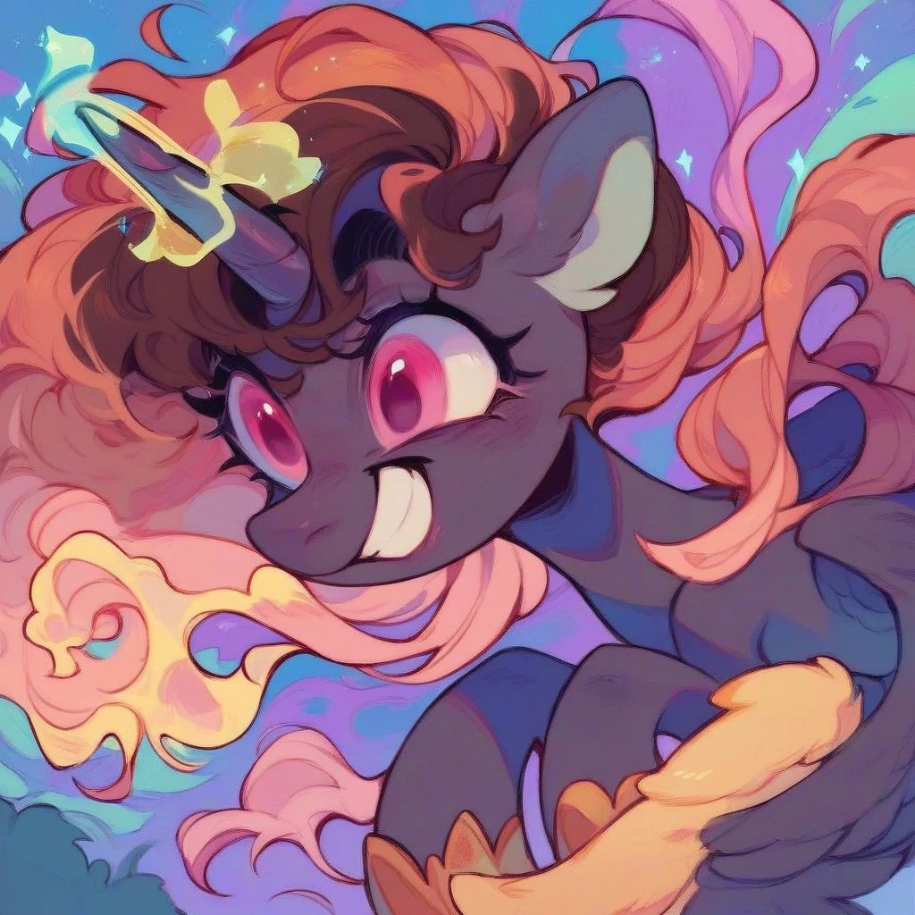 Light Brown alicorn Pony with pink blonde and dark brown hair, excited, pink eyes, magic coming from her horn