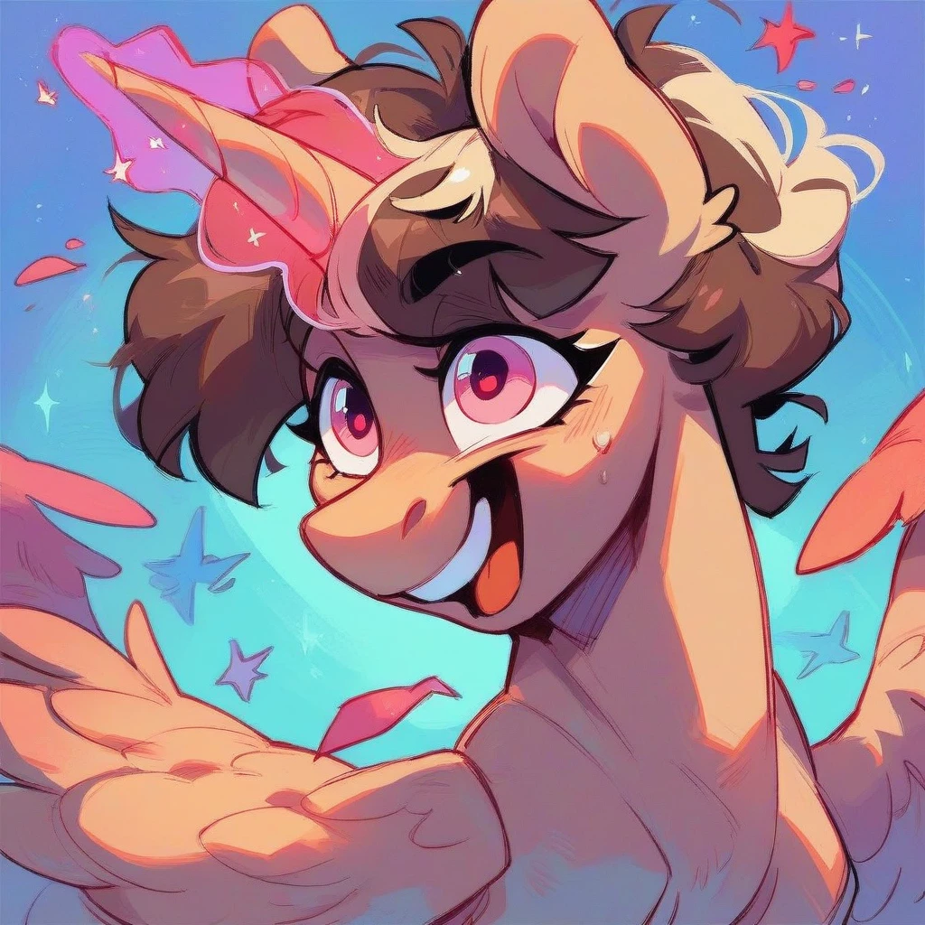 Light Brown alicorn Pony with pink blonde and dark brown hair, excited, pink eyes, magic coming from her horn