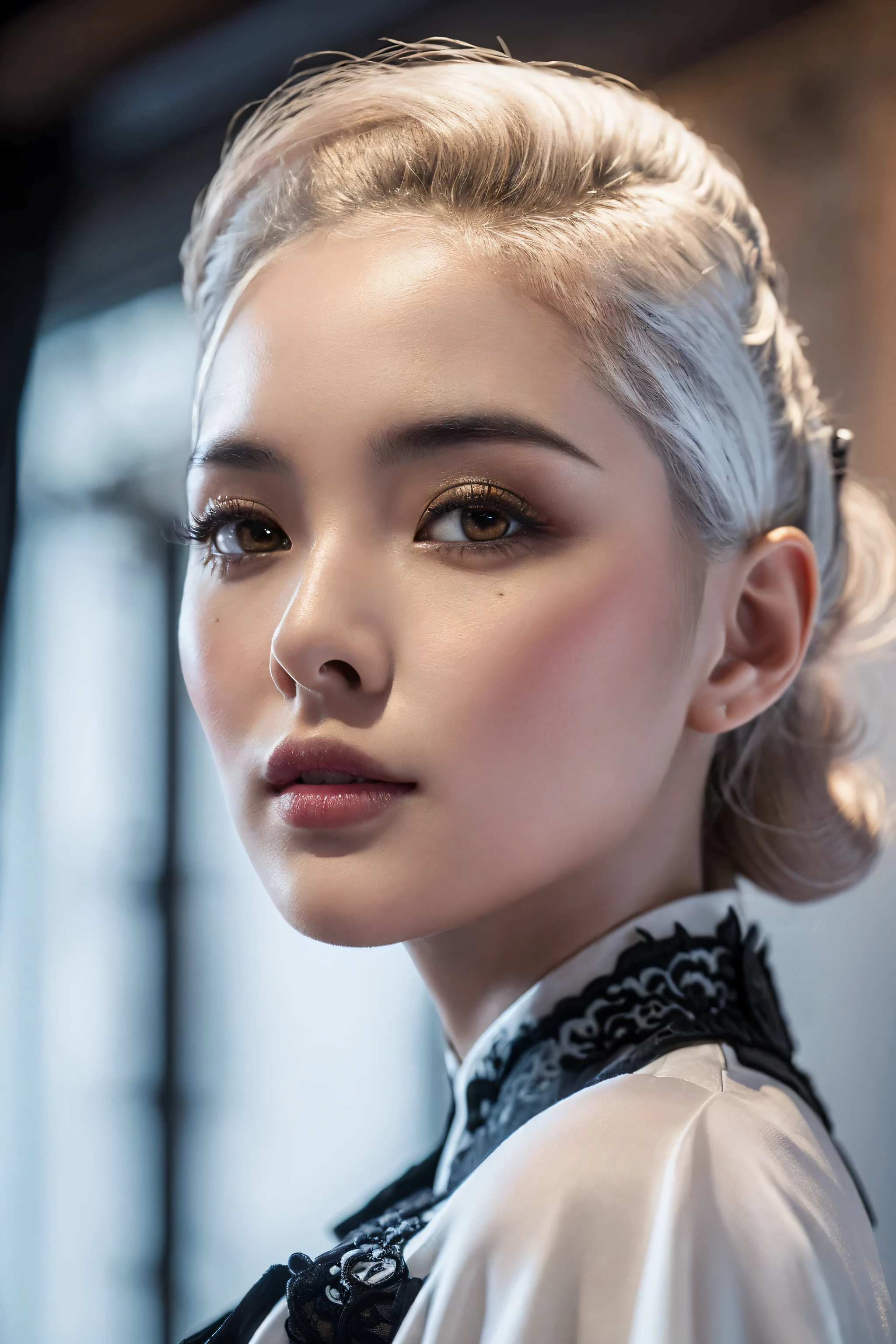 (absurd quality,16k,highres,masterpiece:1.2), ultra details,UHD,(photorealistic Realism 16K Quality), (1woman:1.3 22-year-old), (super quality details, realistic texture: skin, hair), (the most absurd quality perfect eyes), ((natural super beautiful cute sharp-face)), (light pale complexion), ((clear no blur and sharp perfect round realistic brown_eyes:1.35), finely detailed pupils, detailed lips:1.3, BREAK, ((Fujicolor、daytime soft lighting)、fashion supermodel、((curly heban hair (slicked to the two side) Intricately detailed:1.35)), BREAK, (pink_makeup:1.25), BREAK, ((Classic and sexy ((white)) cheongsam)、Detailed blue decoration:1.3)), BREAK, (Fitted clothing:1.3)、dynamic pose、((close-up of her face:1.35)), (no decorations in the hair), (dark shot:1.2), 