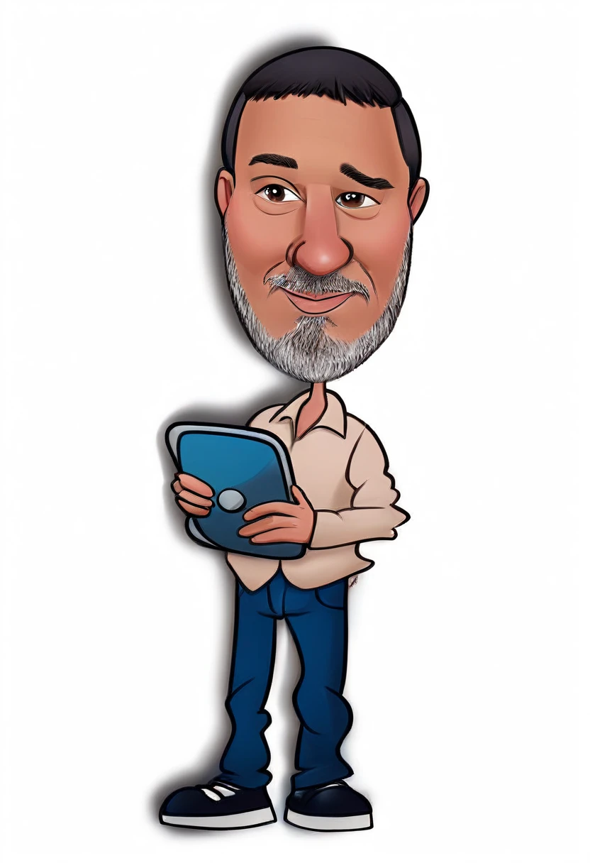8k, cartoon of a man holding a tablet in his hands, caricature style, caricature illustration, cartoon digital art, caricature, caricaturista alarcón, digital art cartoon, cartoon portrait, caricature!!!, caricature, cartoon style Harry Volk clip art, in cartoon style, caricature, he is holding a smartphone, cartoon art style