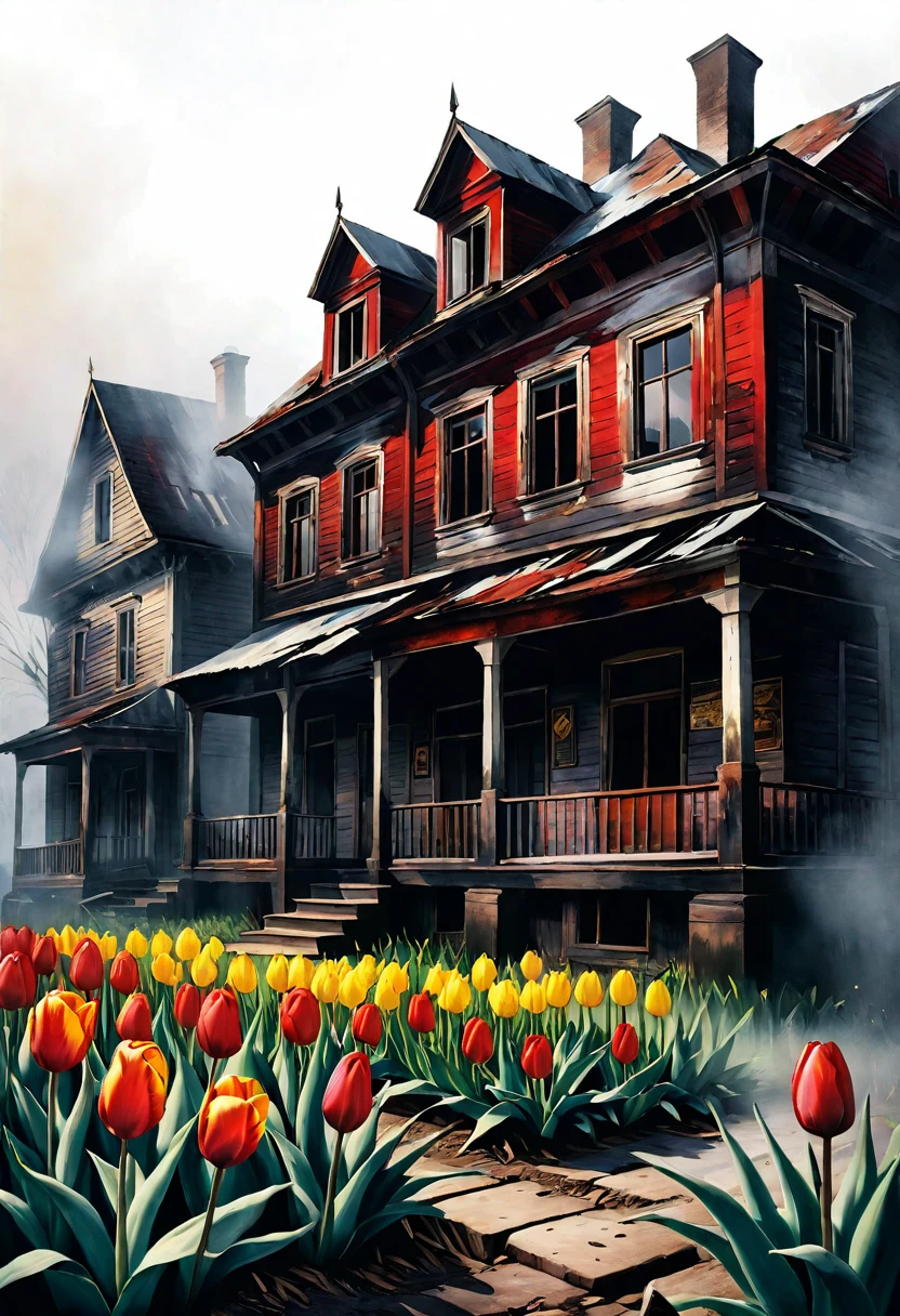 Colorful oil painting. Old dilapidated houses. Very beautiful, gouache, Cinematic, dark, Nasty, mysterious, modern vintage, rich deep colors, boho style. The fog is thick. ultra-stunning lighting. (red-yellow tulip in the middle of debris) lithographic detail, dirt in all the crevices; conceptual art, super detailed, amazing composition. hyperrealistic photography, --niji 5 --ar 2:3 --expressive style --v 5.
