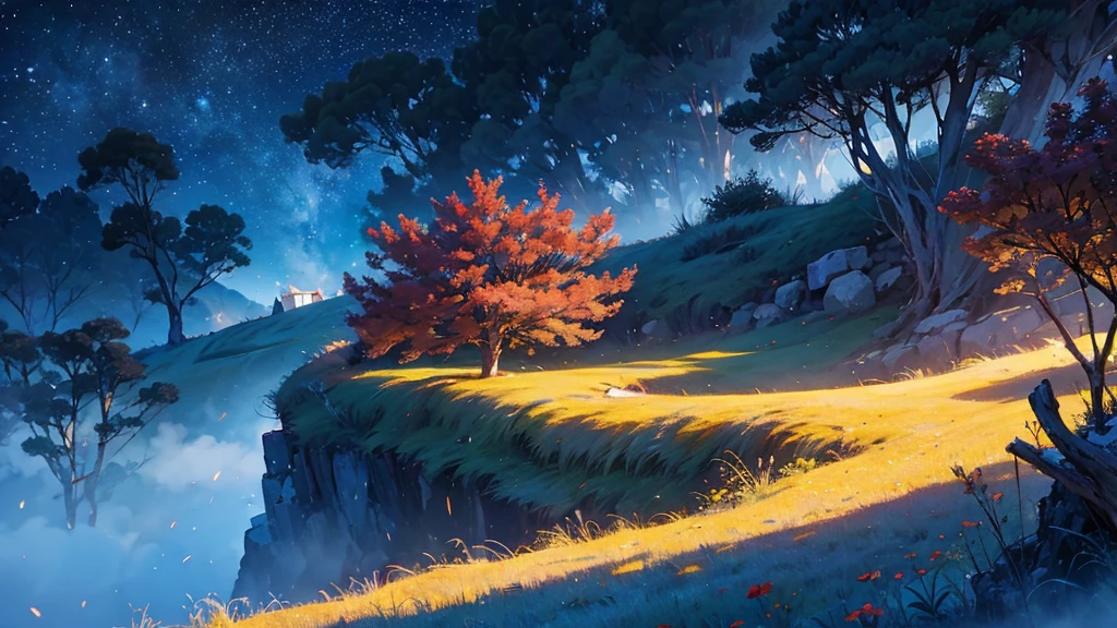 In 8k, generate a haunted fort,long trees,stars,in night