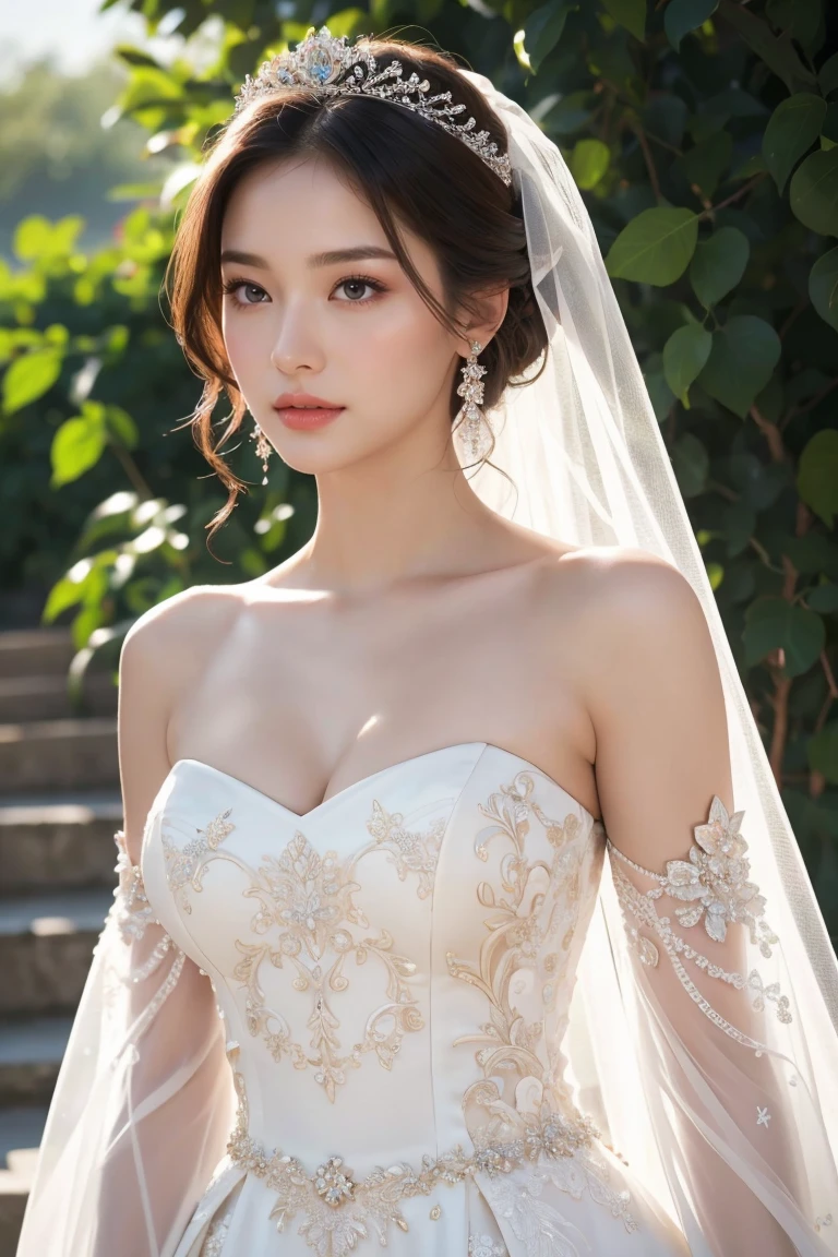 (best quality,4k,8k,highres,masterpiece:1.2),ultra-detailed,(realistic,photorealistic,photo-realistic:1.37),a beautiful woman in a stunning wedding dress, extremely detailed and intricate wedding dress design, elegant one-shoulder and A-line silhouette, flawless skin, mesmerizing eyes, long lashes, lush lips, glowing complexion, exquisite fabric textures, perfect anatomical structure, peaceful expression, beautiful embodiment, gorgeous goddess, enchanting princess, flawless makeup, deeply in love, graceful, full body view, detailed dress