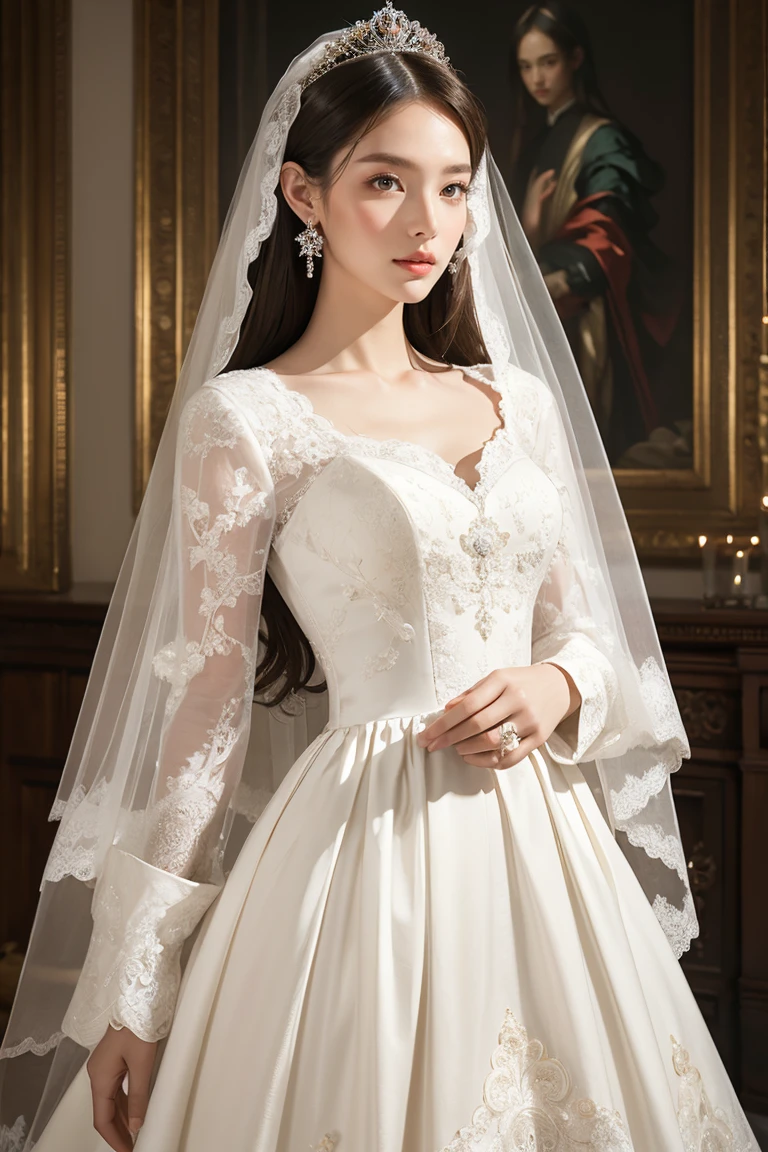 (masterpiece, best quality:1.5), ((Extremely detailed wedding dress)),(（Complete wedding dress）) high resolution, 16K, The most beautiful face in the world, Very detailed and beautiful face and eyes, Glowing skin, Delicate fabric texture, Perfect anatomical structure, rest, (Beauty incarnate:1.3), (Beautiful goddess:1.3), (Beautiful and charming princess:1.3), Perfect makeup, Deeply in love, Full of elegance. (whole body:1.5), (Garment View)