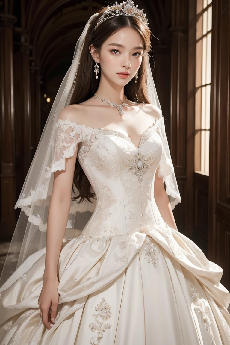(masterpiece, best quality:1.5), ((Extremely detailed wedding dress)),(（Complete wedding dress）) high resolution, 16K, The most beautiful face in the world, Very detailed and beautiful face and eyes, Glowing skin, Delicate fabric texture, Perfect anatomical structure, rest, (Beauty incarnate:1.3), (Beautiful goddess:1.3), (Beautiful and charming princess:1.3), Perfect makeup, Deeply in love, Full of elegance. (whole body:1.5), (Garment View)