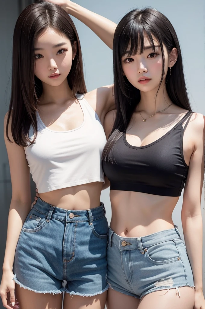 straight hair with low-cut crop top and short shorts