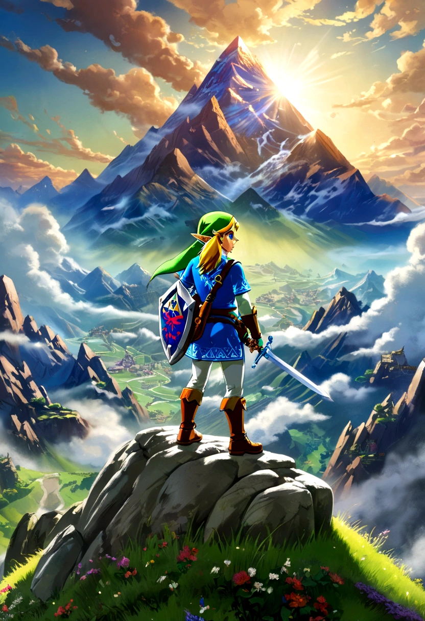(The Legend of Zelda), Brave Link, waves crashing against the coast, children playing on the beach, distant sailboats are sailing against a backdrop of sea and sky, seagulls are freely circling in the sky, full body, (Photography), panoramic view, award-winning, cinematic still, emotional, vignette, dynamic, vivid, (masterpiece, best quality, Professional, perfect composition, very aesthetic, absurdres, ultra-detailed, intricate details:1.3)