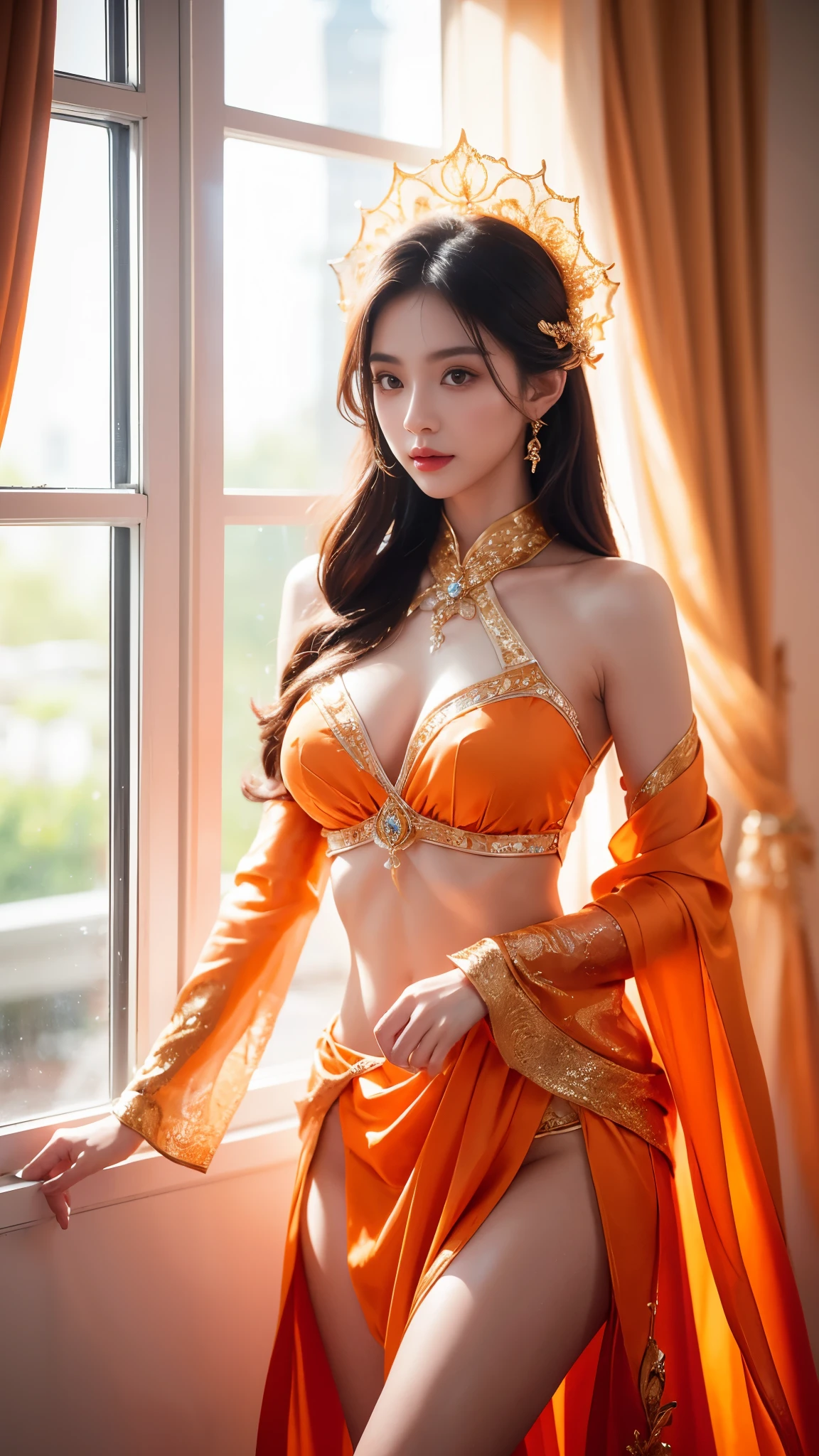 4K, UHD, masterpeice, 1 girl, petfect body, good face, very long hair, ((white skin)), fairytale fantasy outfit, orange coutfit, bare waist, fujicolor, window, depth of field, ray tracing, ultra realistic detailes, attractive poses,