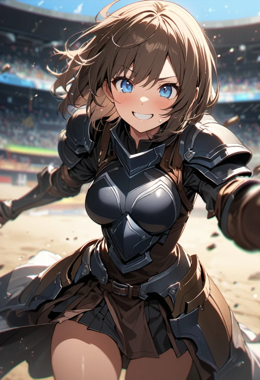 Brat, ((masterpiece)), High resolution, 、girl、 Brown Hair、Short Bob、((smile、Grin))、Excited、Sweating all over the body、Bright Blue Eyes、smile、((Grin))、Lightるイヤリング、Fight with a dagger in each hand、Forge、Sparks fly、Disturbed、Light、highlight、Motion Blur、Simple armor(Exposing thighs)、Shallow depth of field、Arena