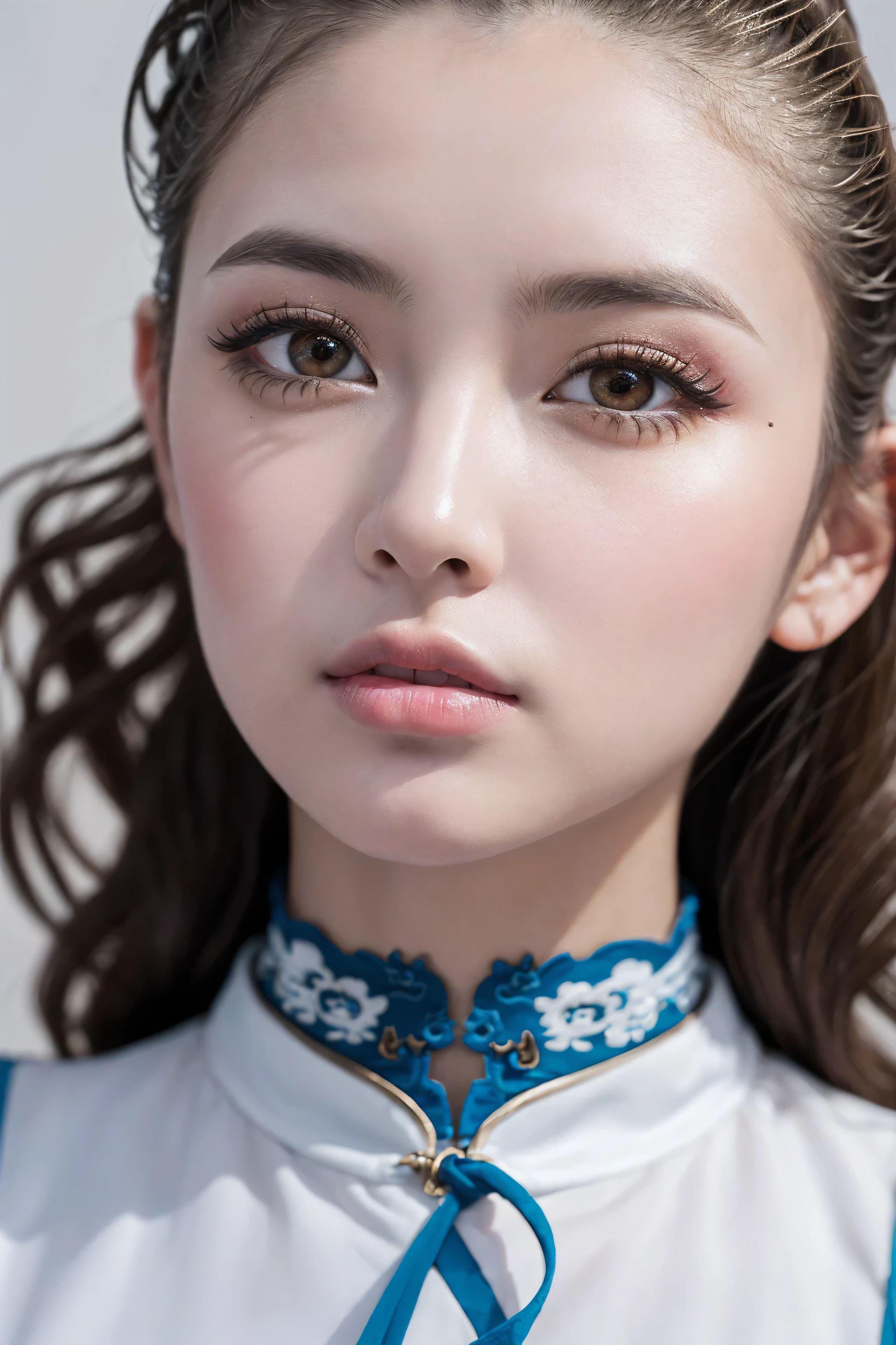 (absurd quality,16k,highres,masterpiece:1.2), ultra details,UHD,(photorealistic Realism 16K Quality), (1woman:1.3 22-year-old), (super quality details, realistic texture: skin, hair), (the most absurd quality perfect eyes), ((natural super beautiful cute sharp-face)), (light pale complexion), ((clear no blur and sharp perfect round realistic brown_eyes:1.35)), finely detailed pupils, detailed lips:1.3, BREAK, ((Fujicolor、daytime soft lighting)、fashion supermodel、((curly heban hair (slicked to the two side) Intricately detailed:1.35)), BREAK, (pink_makeup:1.3), BREAK, ((Classic and sexy ((white)) cheongsam)、Detailed blue decoration:1.3)), BREAK, (Fitted clothing:1.3)、dynamic pose、((close-up of her face:1.35)), (no decorations in the hair), (dark shot:1.2),