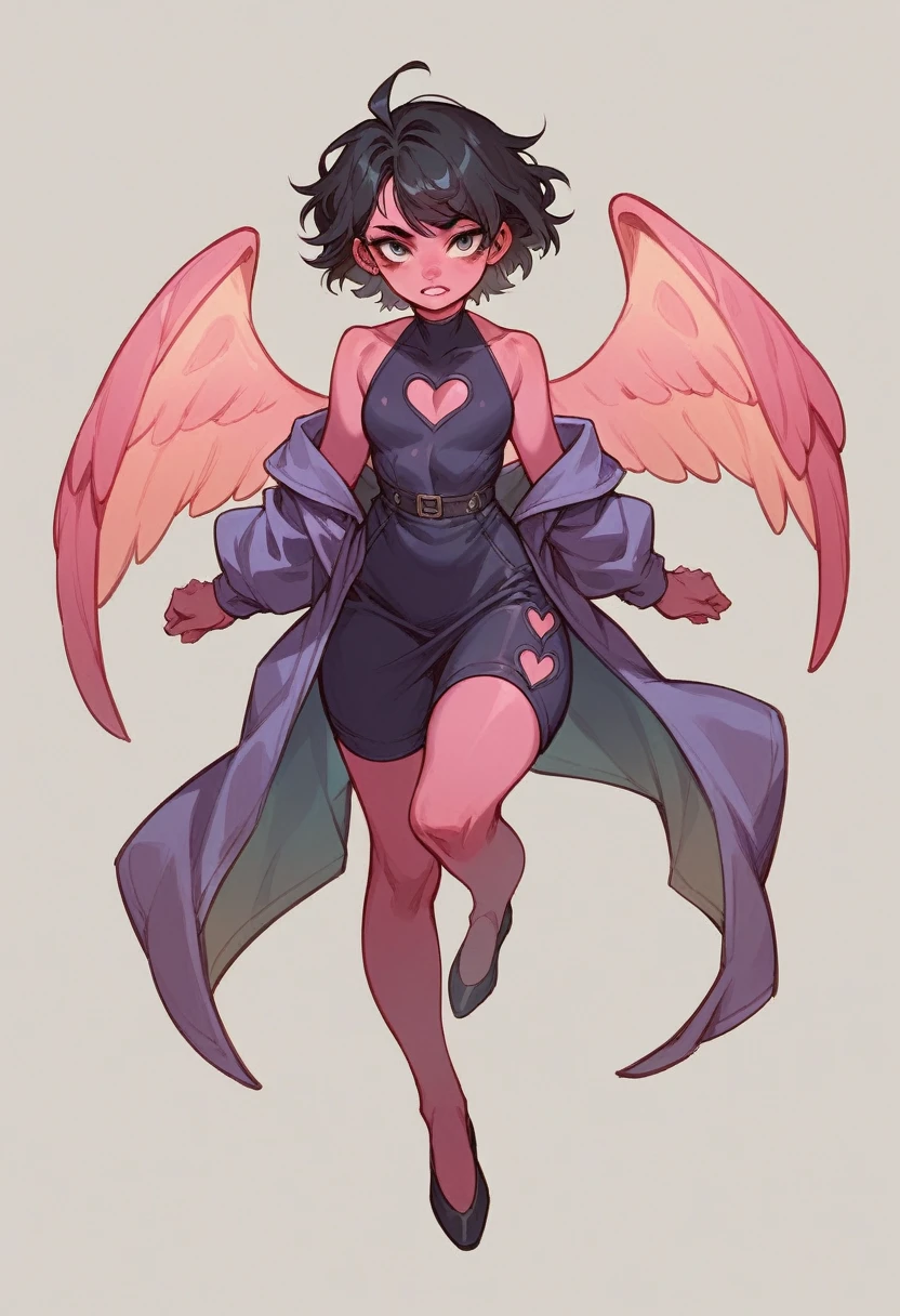 Short with black hair, pink skin tone with wings violet clothes 