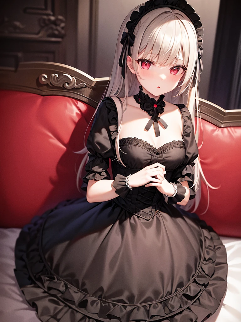 Baroque, Gothic Lolita, cute, One girl, alone, whole body, Black sofa, Black Dress, Absurd, White lace, High resolution, Super detailed, Most detailed, Red lips