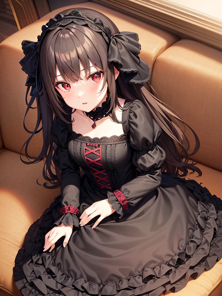 Baroque, Gothic Lolita, cute, One girl, alone, whole body, Black sofa, Black Dress, Absurd, White lace, High resolution, Super detailed, Most detailed, Red lips