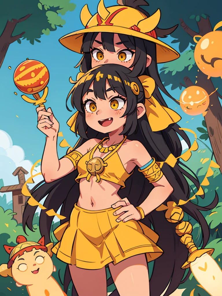 1 teenage girl. Beautiful teenage girl. 14 years old. Beautiful tribe girl. White skin. Powerful shaman. Indonesian Hogwarts. Shaman student. shaman tribe hat. Black hair. Yellow sexy transparent shaman suit no pants. No bra. No underwear. Yellow shaman cloak. Flat chest. Holding the yellow orbz. Yellow topaz large necklace. Yellow shaman room. Beautiful teen face. Standing pose. Shaman statue. Yellow temple. Shamanic logo on the wall. Smile.