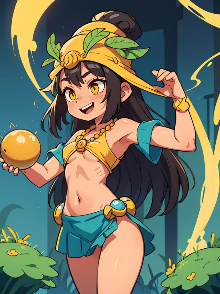 1 teenage girl. Beautiful teenage girl. 14 years old. Beautiful tribe girl. White skin. Powerful shaman. Indonesian Hogwarts. Shaman student. shaman tribe hat. Black hair. Yellow sexy transparent shaman suit no pants. No bra. No underwear. Yellow shaman cloak. Flat chest. Holding the yellow orbz. Yellow topaz large necklace. Yellow shaman room. Beautiful teen face. Standing pose. Shaman statue. Yellow temple. Shamanic logo on the wall. Smile.