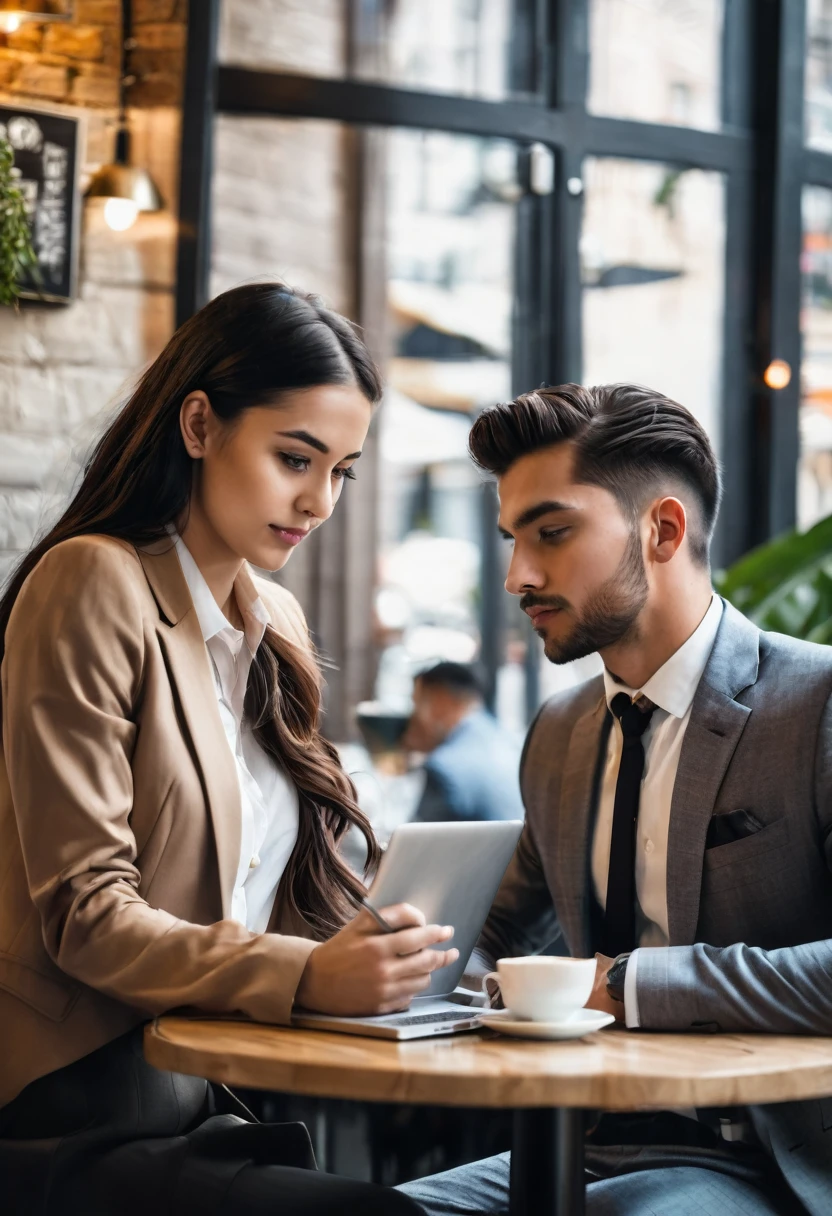 a beautiful young woman (Woman) sitting in a cafe writing on her laptop and at the other table in front of her there is a handsome young man (naughty man) using a (suit) while taking a (cafe) and looks at the young woman who is writing on her notebook.