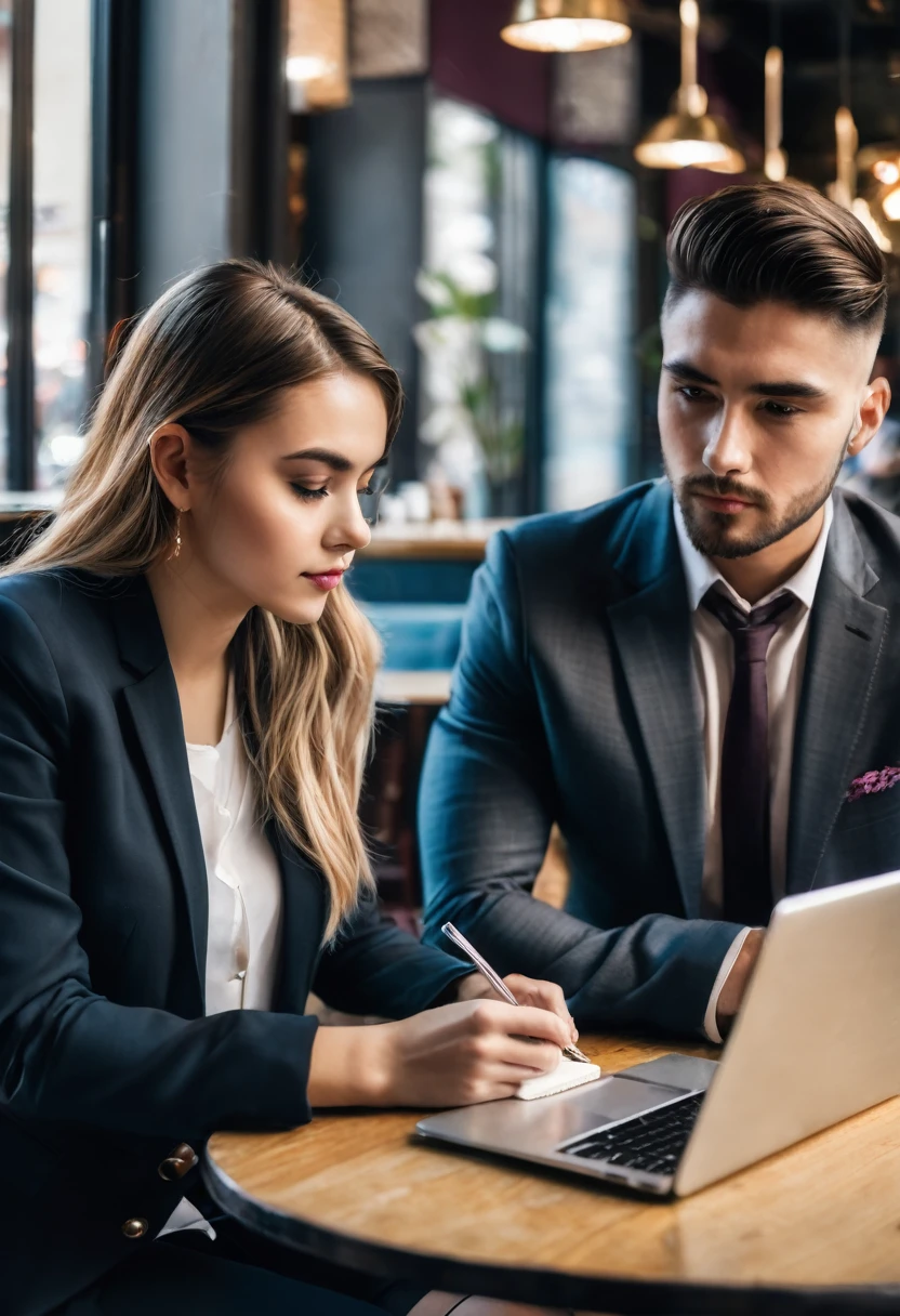 a beautiful young woman (Woman) sitting in a cafe writing on her laptop and at the other table in front of her there is a handsome young man (naughty man) using a (suit) while taking a (cafe) and looks at the young woman who is writing on her notebook.