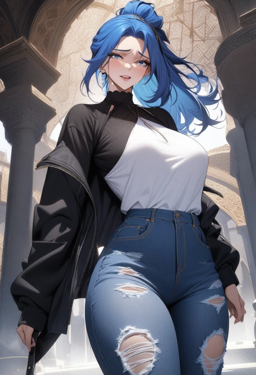 masterpiece, best quality, very aesthetic, absurdres, 1girl, mature_lady,,tsurime,Electric blue hairhalf updo/updo,Ripped Jeans: Jeans with intentional tears and distressing, adding a trendy and edgy vibe.,Islamic / Moorish - Characterized by intricate geometric patterns and horseshoe arches.,floating_clothes